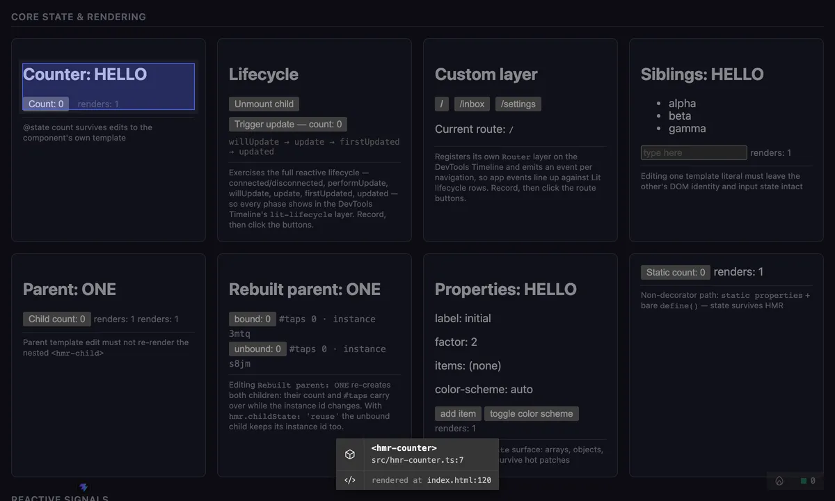 The playground page dimmed while picking: the hovered hmr-counter card is outlined, and a tooltip names <hmr-counter> with its source file src/hmr-counter.ts:7 and rendered at index.html:120.
