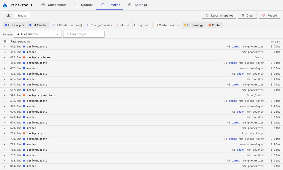 Timeline rows from a custom Router layer, in the layer colour, next to Lit lifecycle rows.