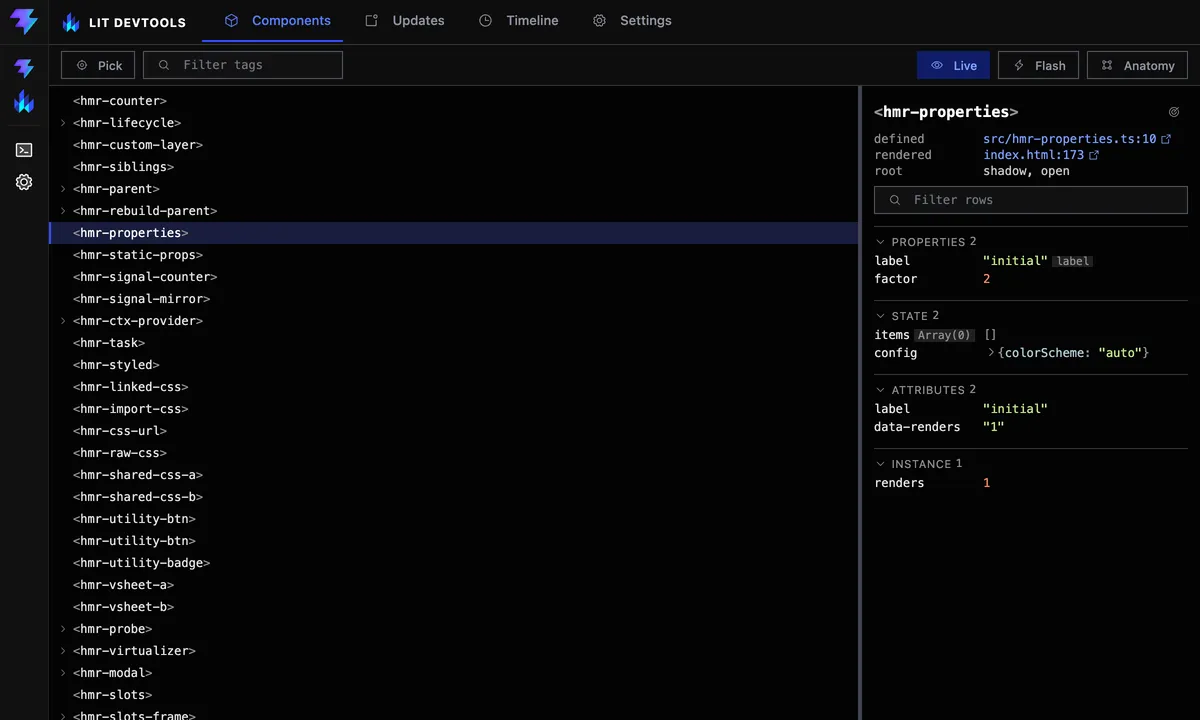 The Lit panel docked inside Vite DevTools, showing the Components tab.