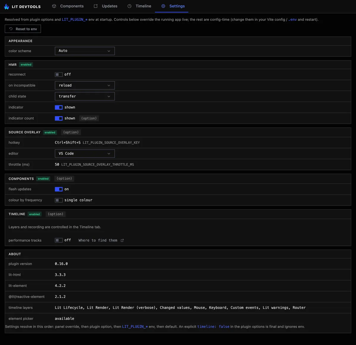 The Settings tab listing the resolved options, with switches and menus for the ones that can be overridden live.