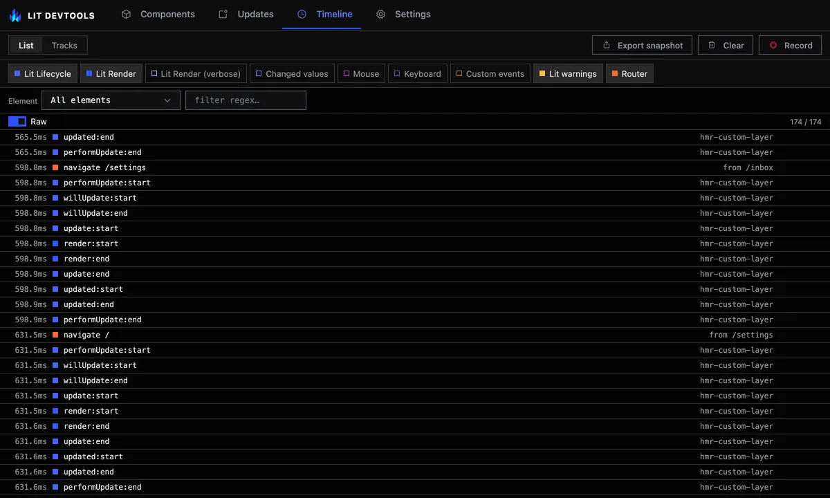 The Timeline tab with Raw on: one row per recorded event, including custom Router events.