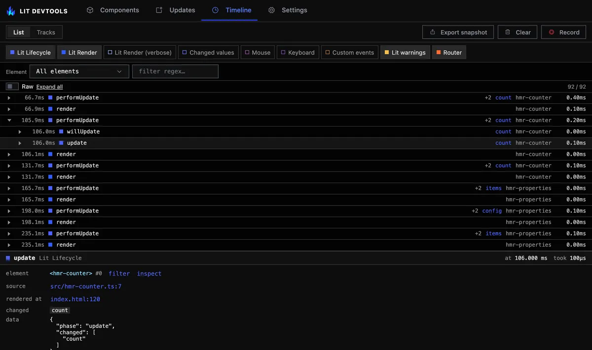 An hmr-counter update expanded in the Timeline list, its willUpdate and update rows marked count, and the selected update row's details: the element and instance id, its source and rendered at links, and count under changed.