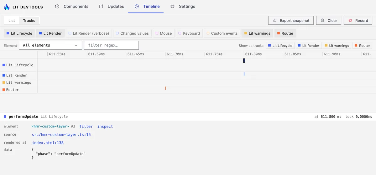 The Timeline in Tracks mode zoomed to about a millisecond: lanes for Lit Lifecycle, Lit Render, Lit warnings and Router, a Router navigate tick and, at the same moment, the hmr-custom-layer performUpdate span it caused, selected, with its phases beneath it and its details in the pane below.