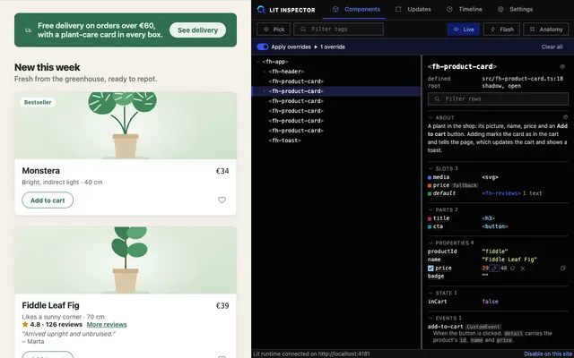 The Lit tab in Chrome DevTools, listing a page's Lit components in a tree with the selected element's properties beside it.
