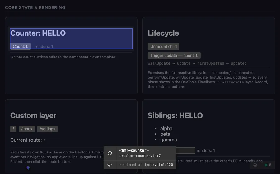 The source overlay outlining hmr-counter. The tooltip shows its tag name and source file, and a second row reads rendered at index.html:120.